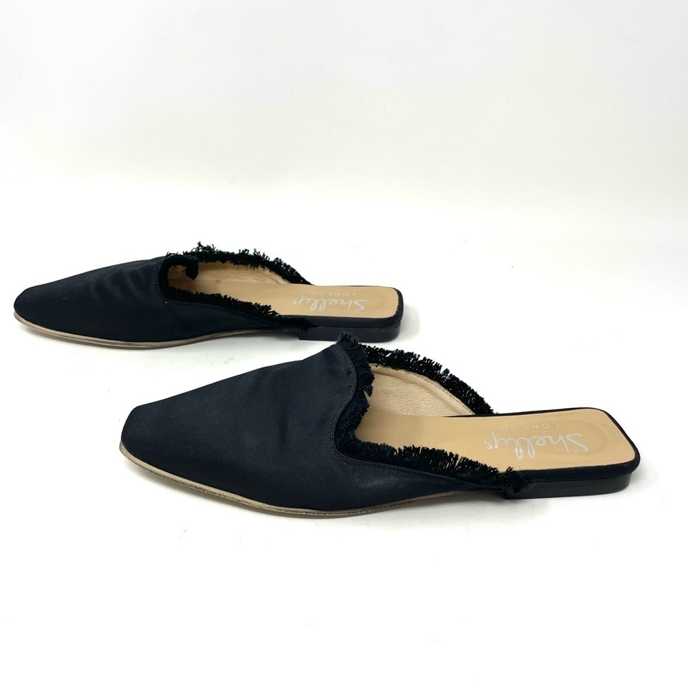 Shellys London Fringe Trim Blunt Toe Slip On Black Fabric Mules Size 37/7 - Picture 4 of 10